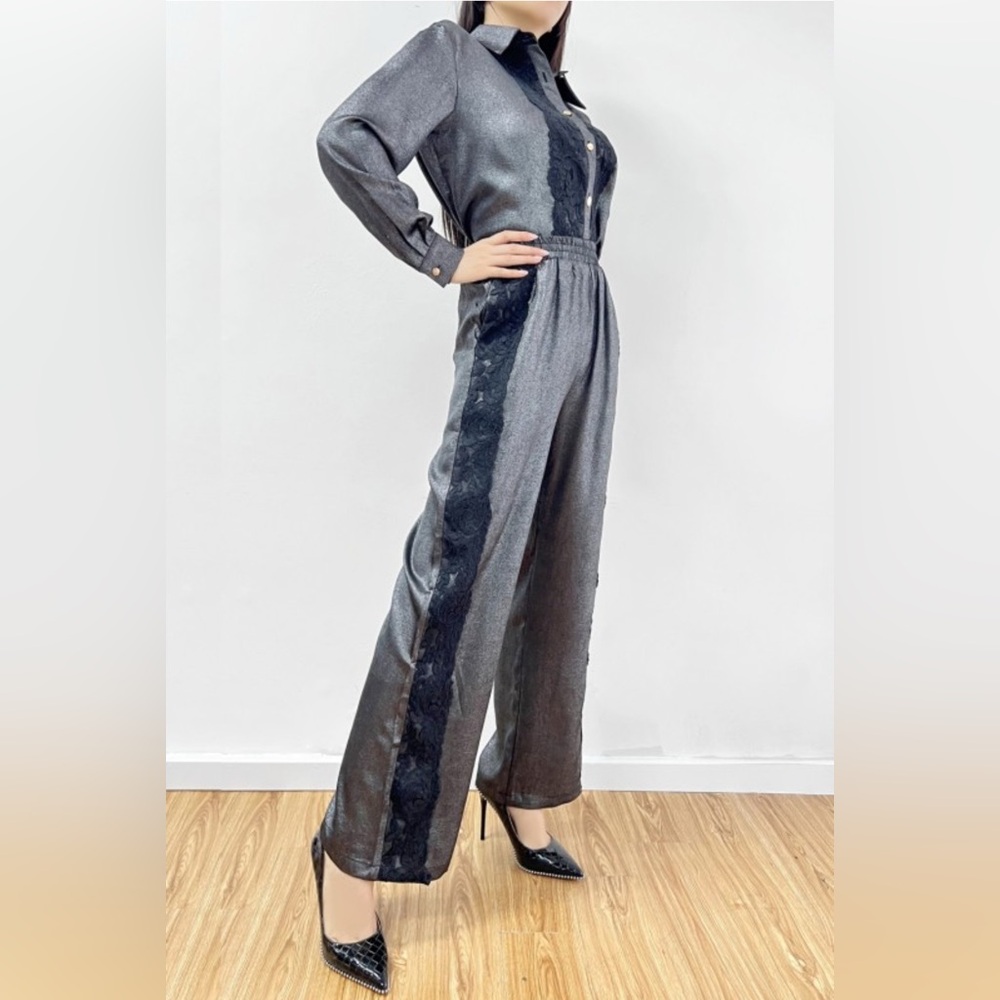 S74. Metallic Shirt And Pants Set With Floral Lace - Picture 2 of 3